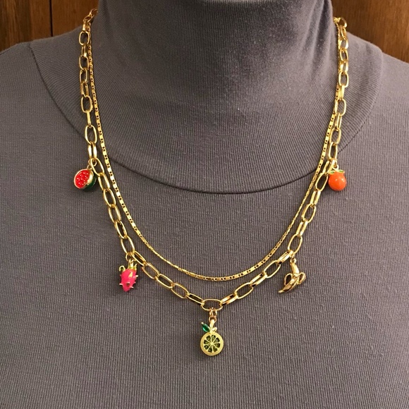 "Fruit Stand" Handmade 2-Layer Gold Charm Necklace with Tropical Fruit Charms - Picture 7 of 15